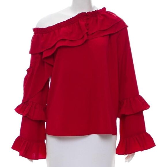 Walter Baker Red Ruffle Trimmed Irina Long Sleeve Blouse Size L - Picture 1 of 7